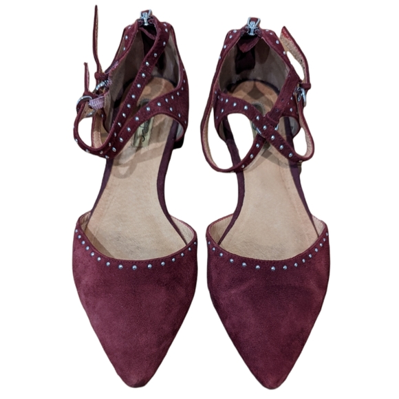 Halogen Burgundy Suede Silver Studded Pointed Toe Cross Strap D'orsay Flats - Picture 1 of 5